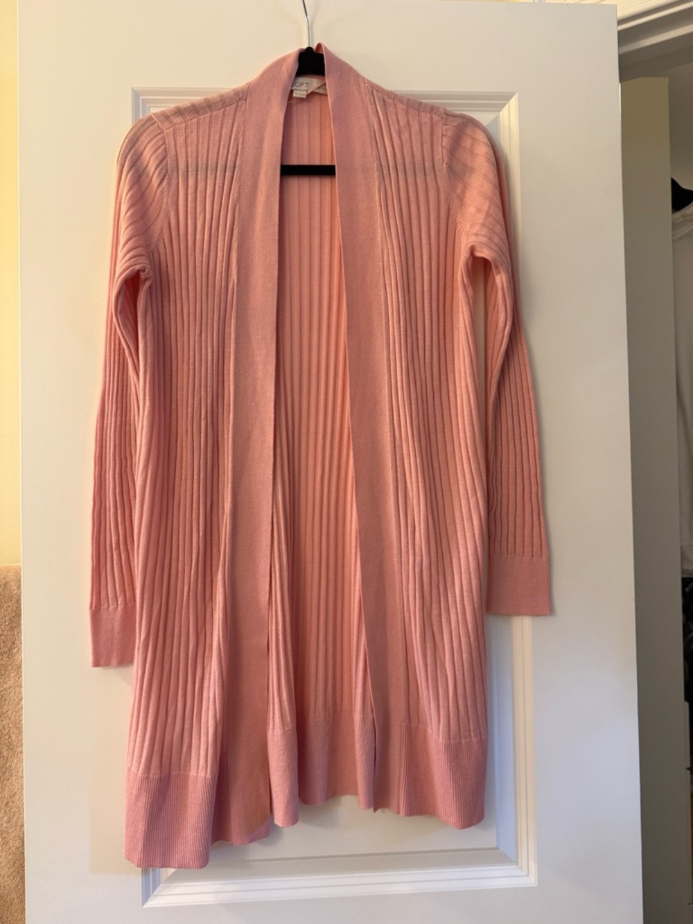 LOFT Light Pink Ribbed Open-Front Long Cardigan